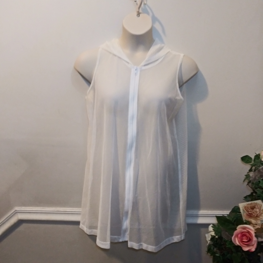 Wear Abouts White Net Zip Front Hooded Swimsuit Cover-up